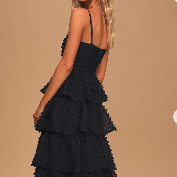 Lulus Flirting With You Black Tiered Pom Pom Midi Dress - Size S - Picture 4 of 7